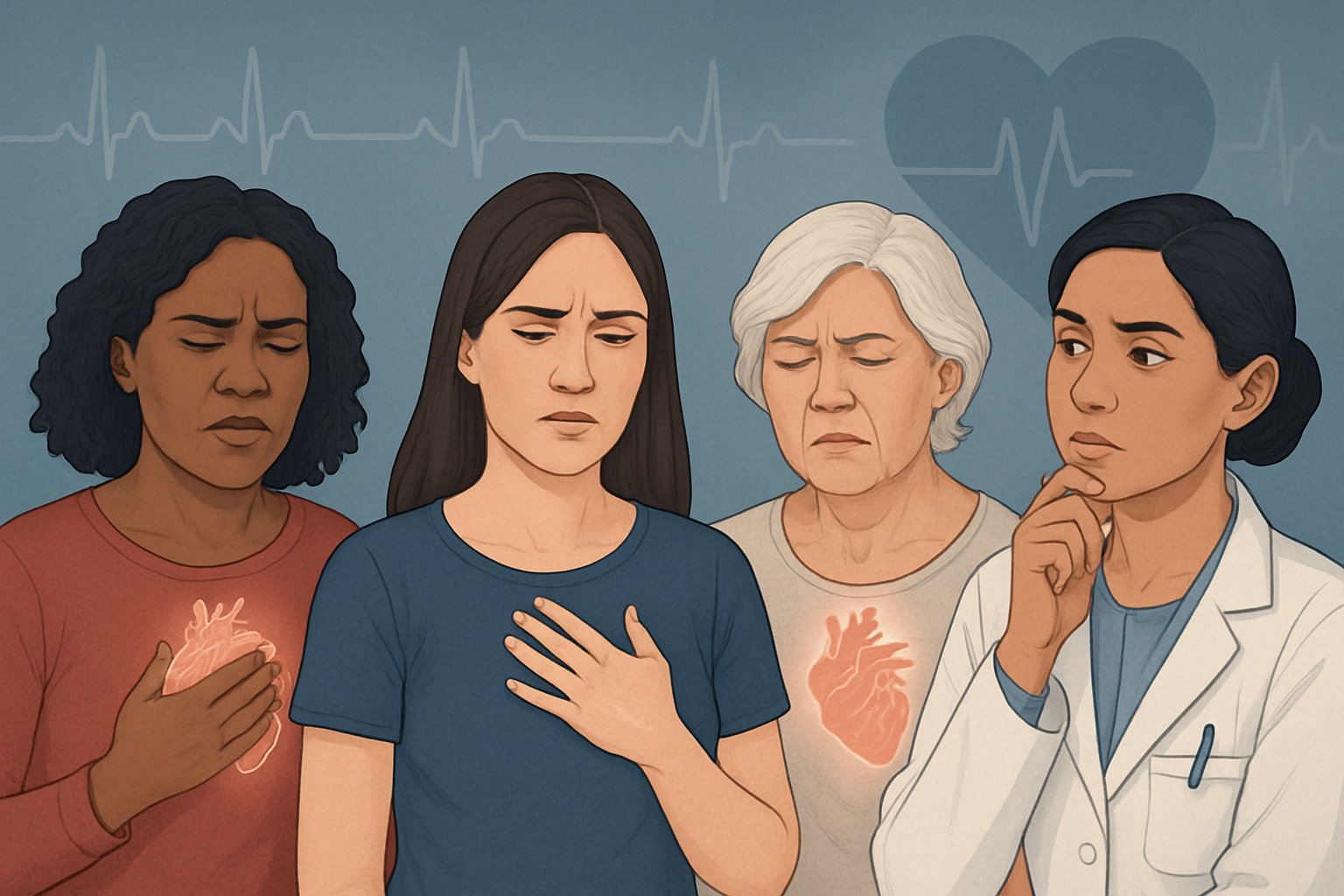 v2-13bg9l-11p1g - Preventive Medicine Daily A group of diverse women showing signs of chest discomfort with a healthcare professional nearby, symbolizing challenges in diagnosing heart attacks in women.