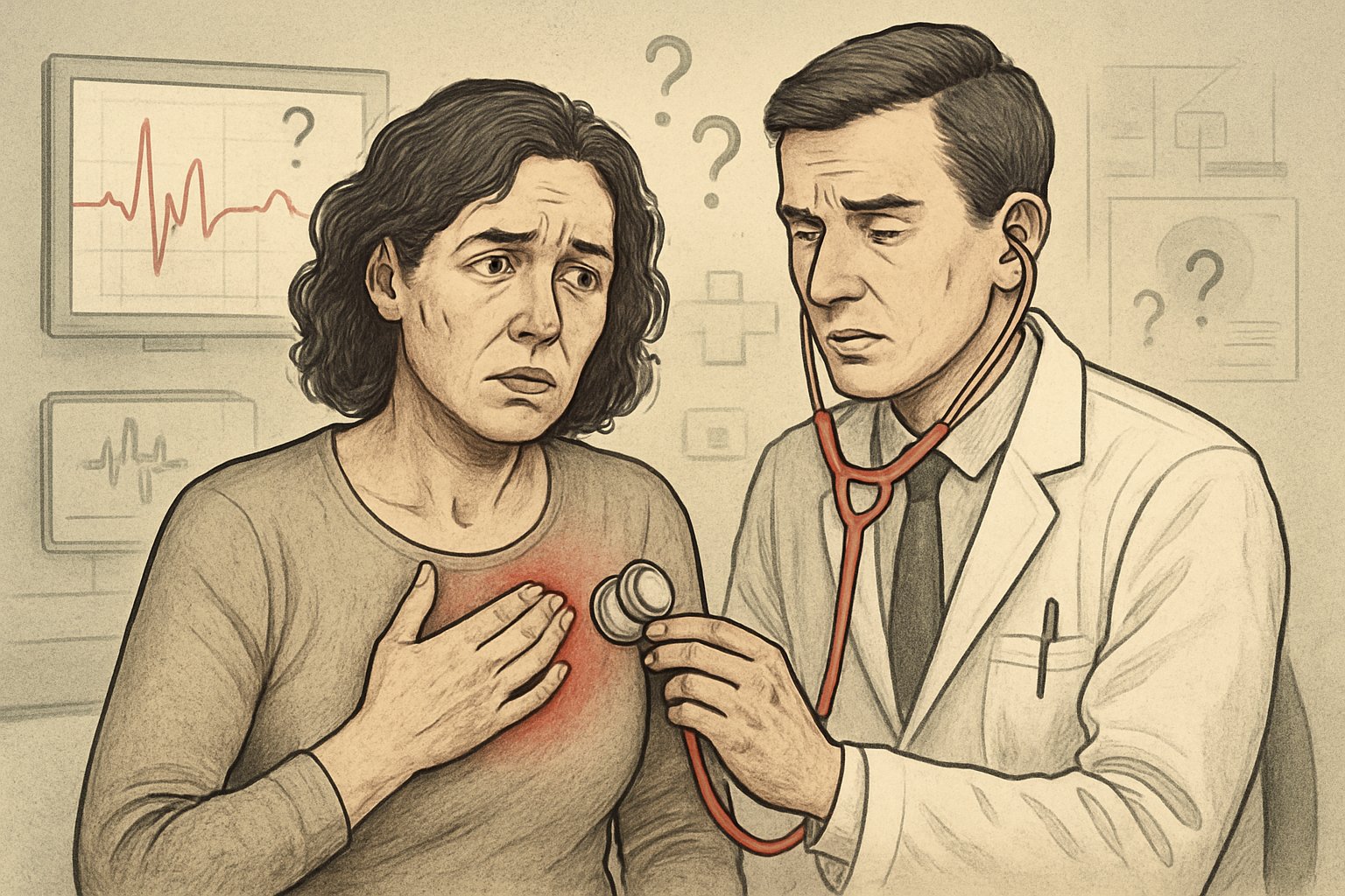 v2-13bgaz-1v3sa - Preventive Medicine Daily A female patient holding her chest with a concerned expression while a healthcare professional examines her in a medical setting, highlighting challenges in diagnosing heart attacks in women.