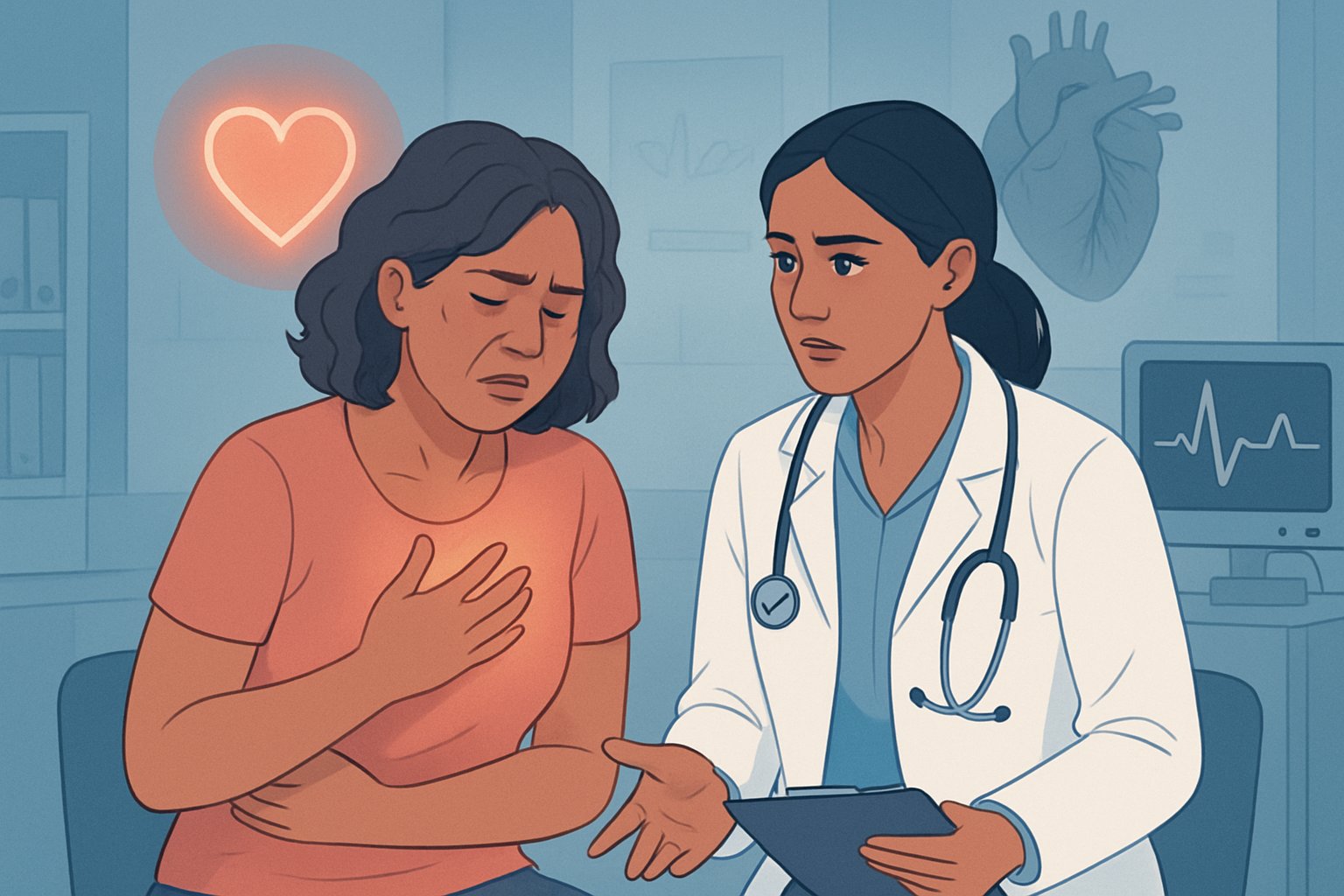 v2-13bgd5-4453n - Preventive Medicine Daily A female patient and a healthcare professional in a clinic discussing heart health, with subtle heart symbols in the background.