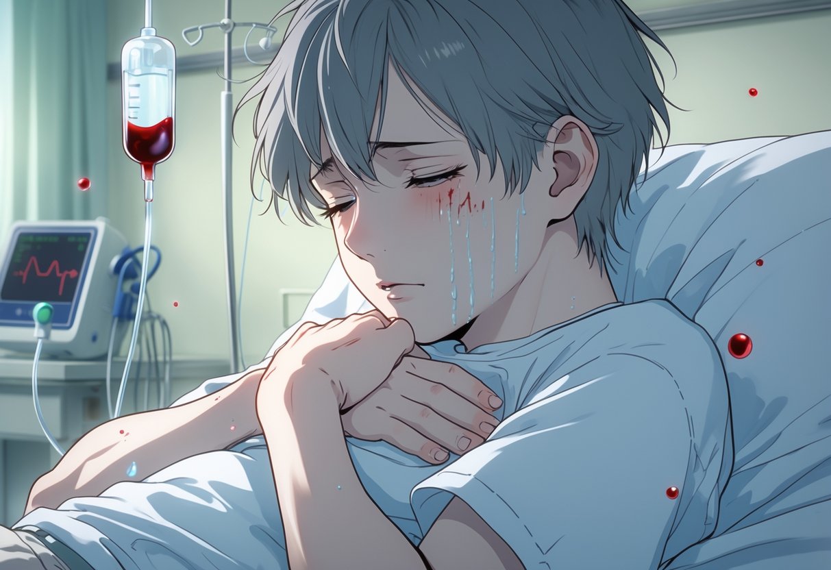 v2-13faje-4ss1g - Preventive Medicine Daily A pale young person sitting weakly in a hospital room, holding their chest with tired eyes, surrounded by faint floating red blood cells.