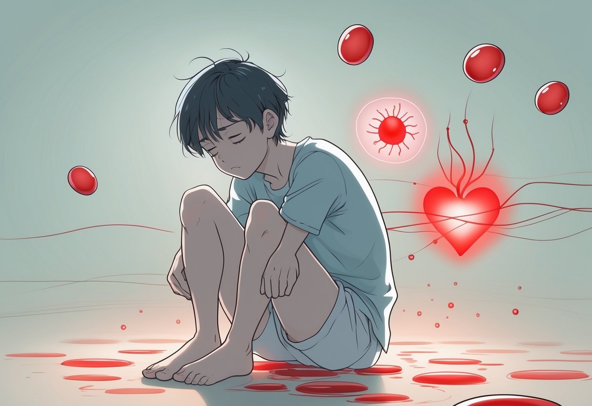 v2-13fal1-2bkqj - Preventive Medicine Daily A tired young person surrounded by few glowing red blood cells with visual hints of cold hands, a strained heart, and a dim brain area showing the effects of low red blood cell count.