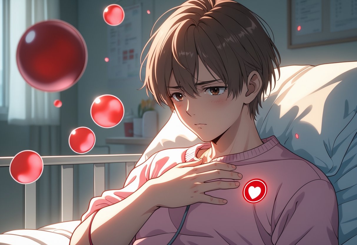 v2-13fany-8mfnr - Preventive Medicine Daily A young person gently holding their chest with a concerned expression, surrounded by faint red blood cells floating in the air.