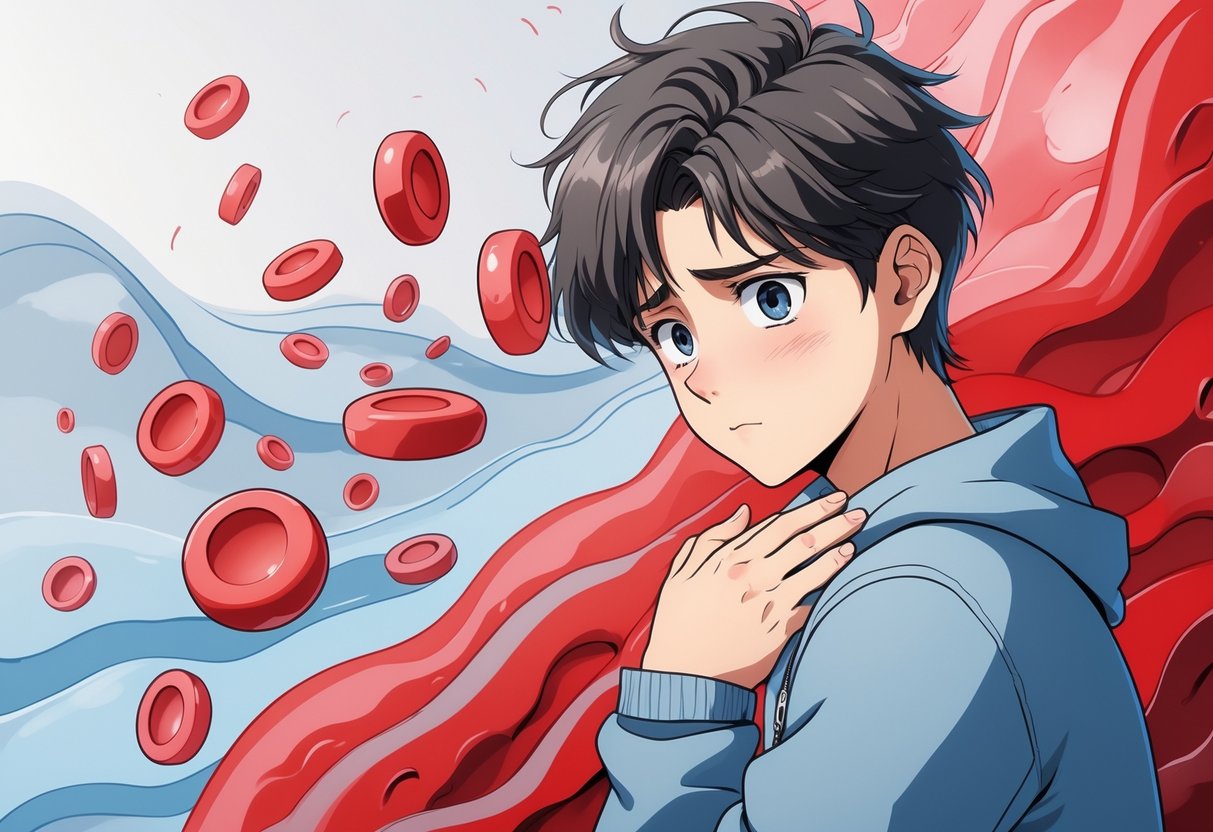 low WBC - Preventive Medicine Daily A young person holding their chest with a worried expression surrounded by stylized red blood cells representing low red blood cell count.
