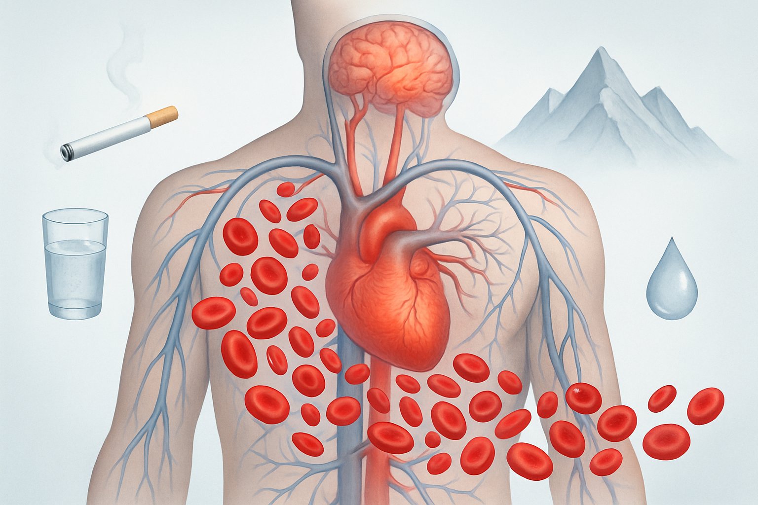 v2-13gxx5-jrct3 - Preventive Medicine Daily Human torso showing red blood cells in the circulatory system with symbols representing causes and effects of high red blood cell count.