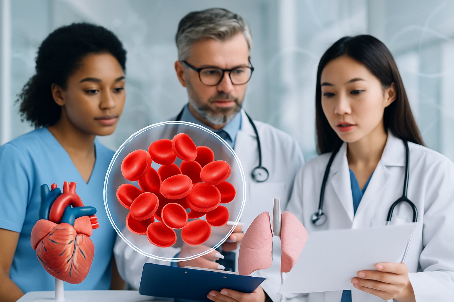 v2-13gxy5-zosgn - Preventive Medicine Daily Healthcare professionals reviewing blood test results with a 3D illustration of red blood cells and medical models representing heart and lungs in a clinical setting.