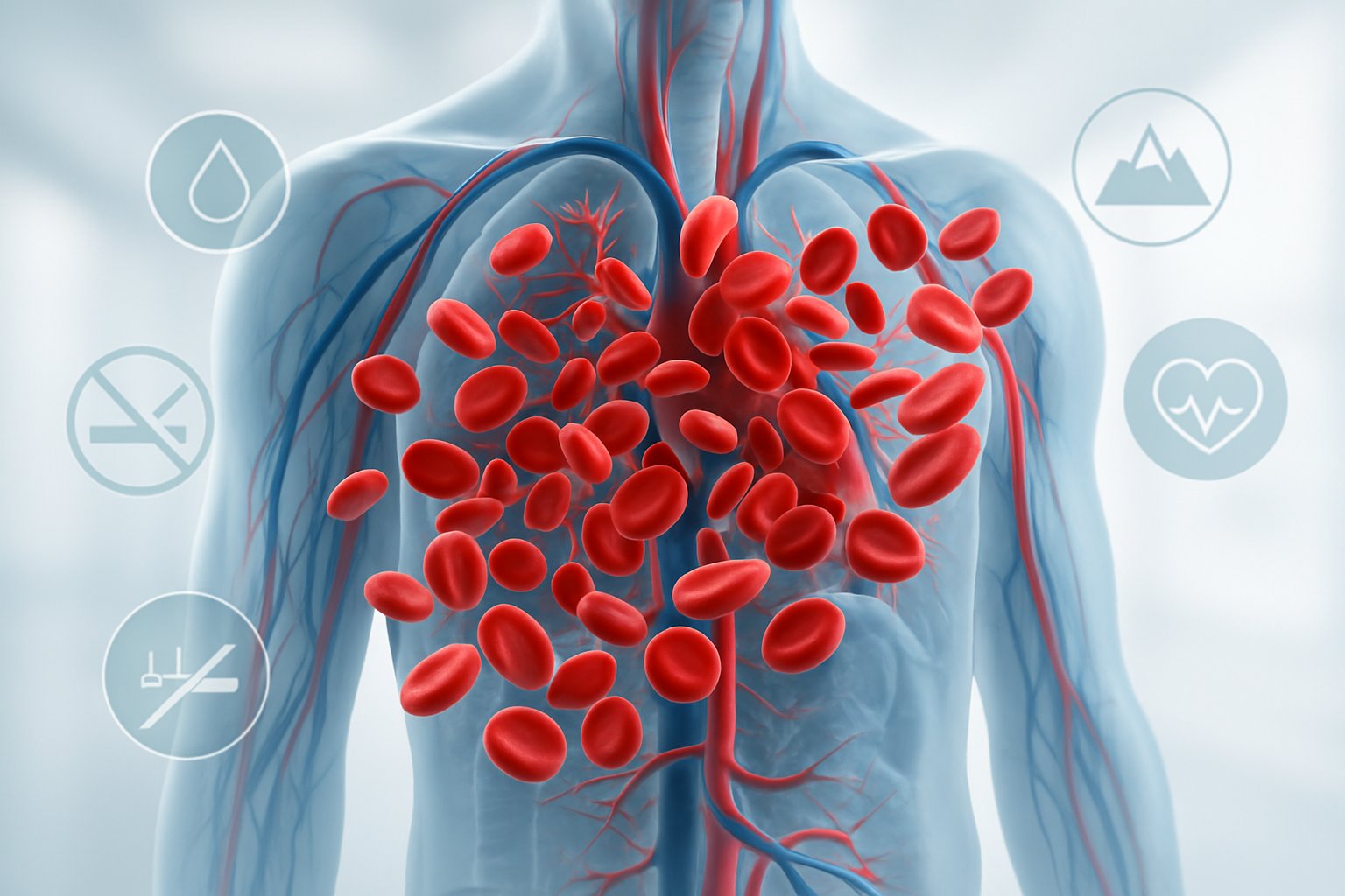 v2-13gxz6-h2njl - Preventive Medicine Daily Close-up view of a human torso with visible blood vessels filled with red blood cells, surrounded by medical icons representing factors affecting red blood cell count.