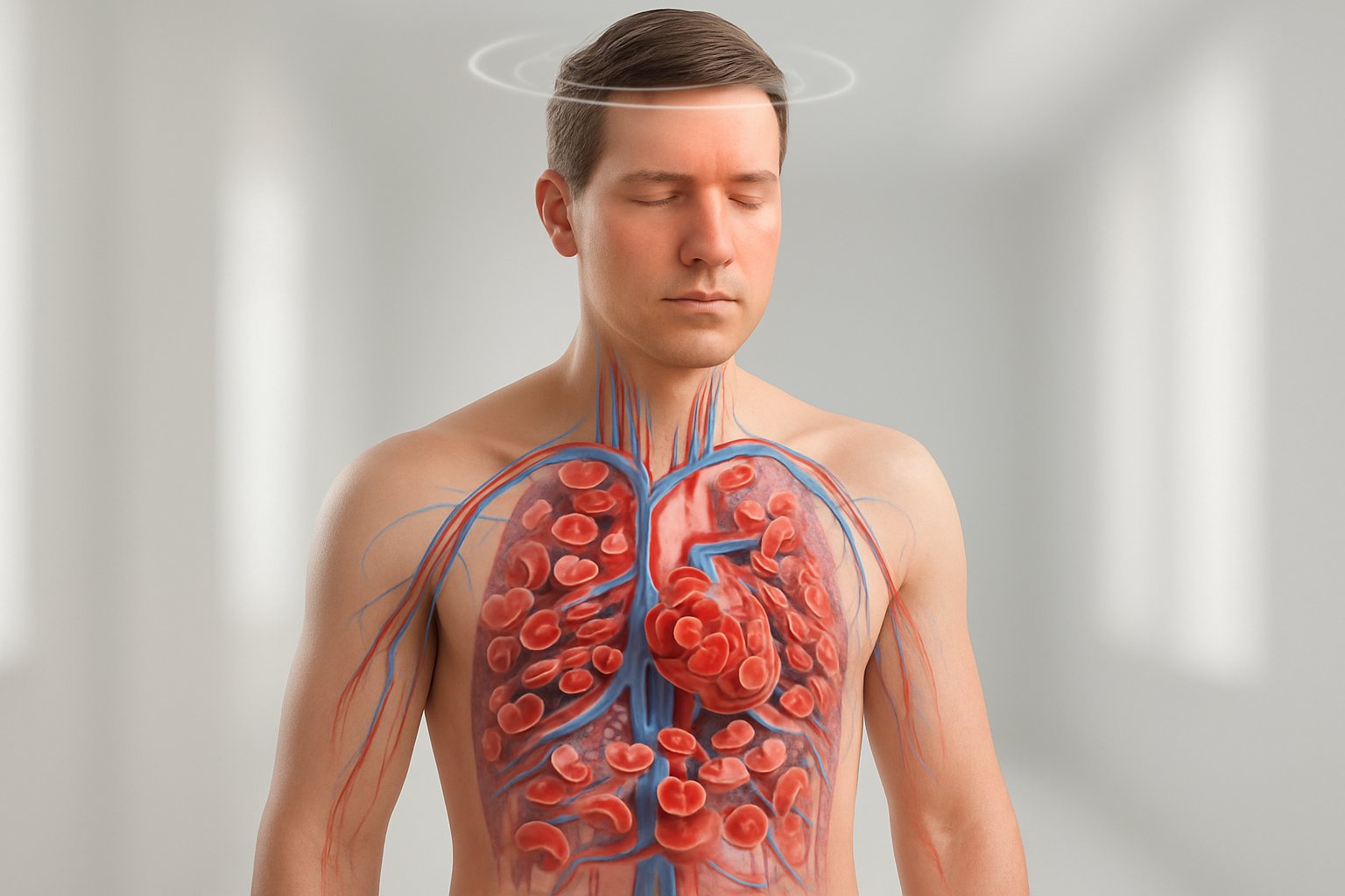 v2-13gxzx-b8osc - Preventive Medicine Daily A human torso with visible red blood cells flowing through veins and arteries, showing symptoms like dizziness, headache, fatigue, and flushed skin.