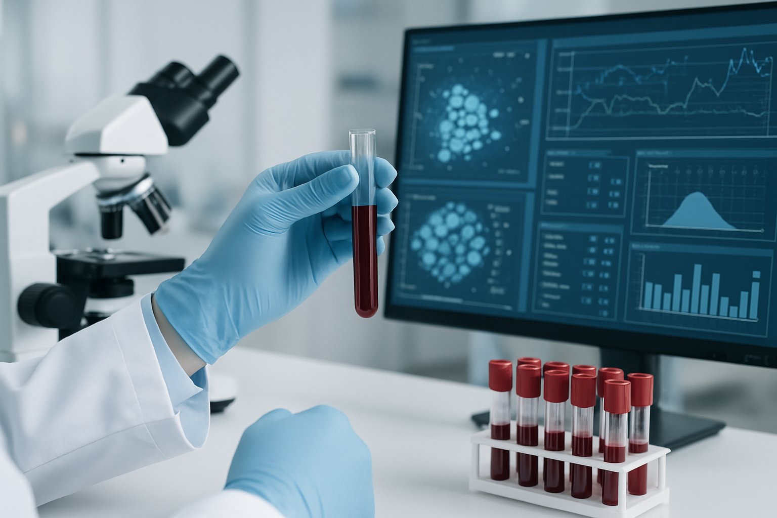 v2-13h293-1jkmq - Preventive Medicine Daily A lab technician holding a blood sample in a medical laboratory with microscopes and a computer showing medical data in the background.