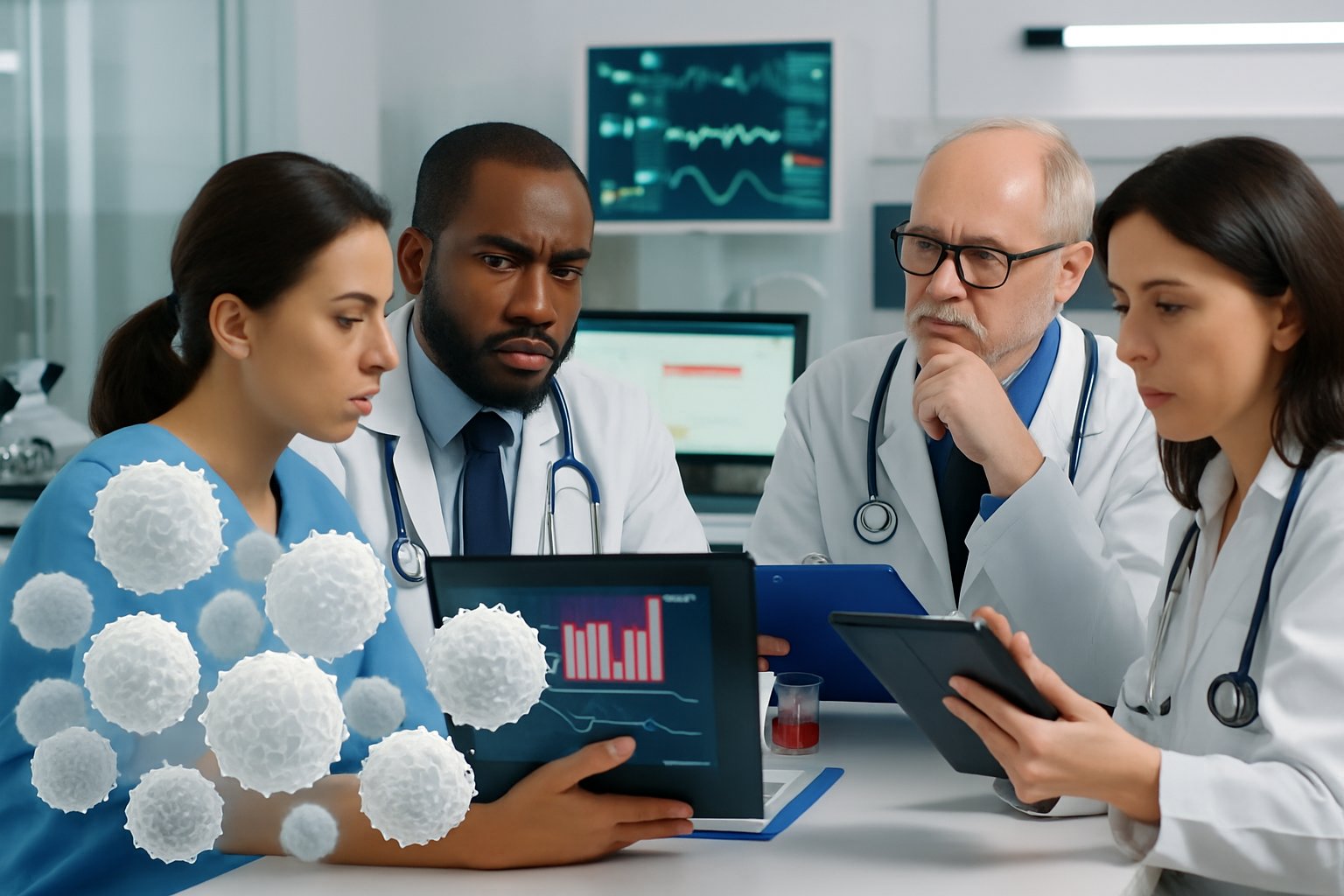 v2-13h2bv-v9rap - Preventive Medicine Daily Healthcare professionals reviewing medical charts and blood test results in a hospital, with an illustration of white blood cells representing high WBC count.