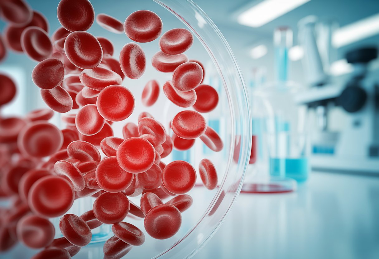 Close-up view of red blood cells and platelets under a microscope in a laboratory setting.