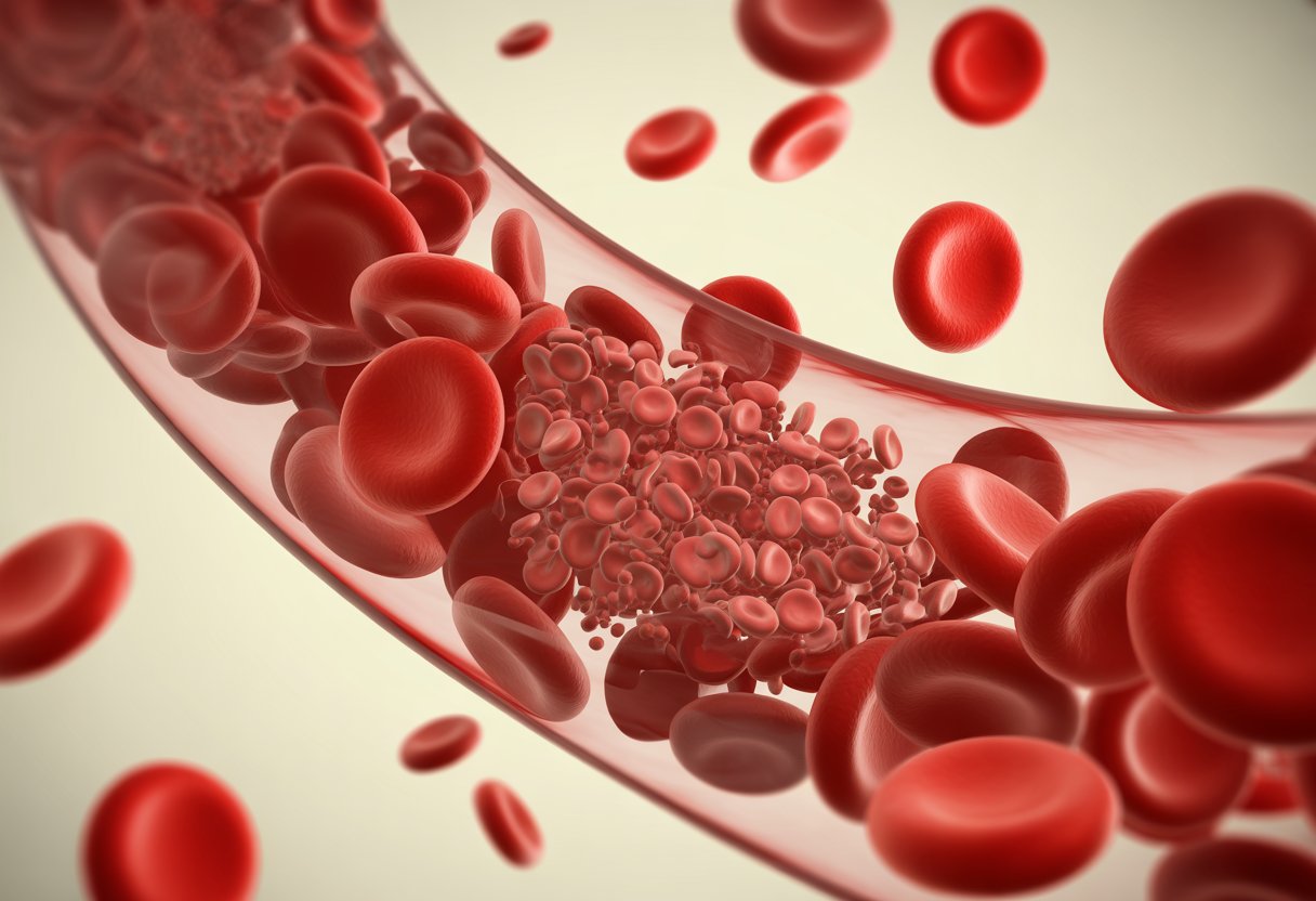 Close-up view of blood cells and a high concentration of platelets inside a blood vessel.