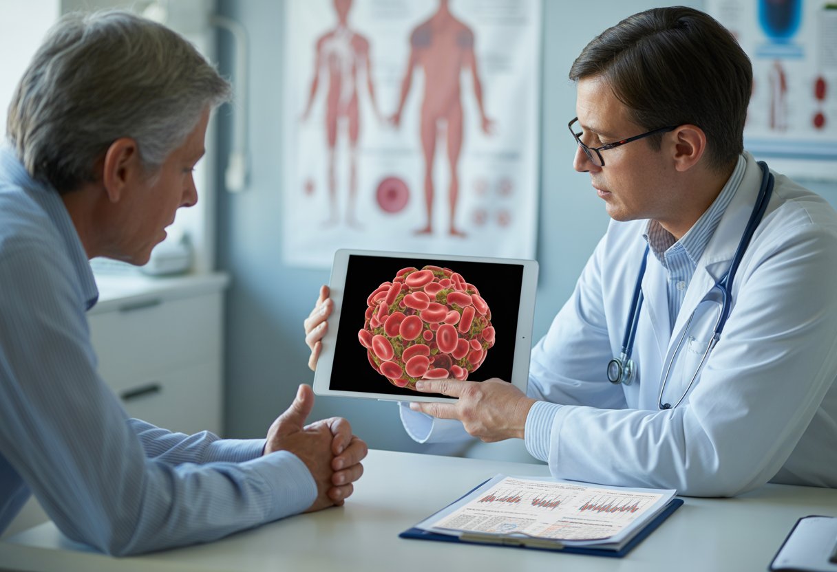 A doctor explains blood test results to a concerned patient in a medical office, showing an illustration of blood cells on a tablet.