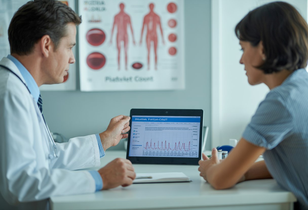 A doctor explains blood test results to a patient in a medical office with charts about blood cells visible in the background.