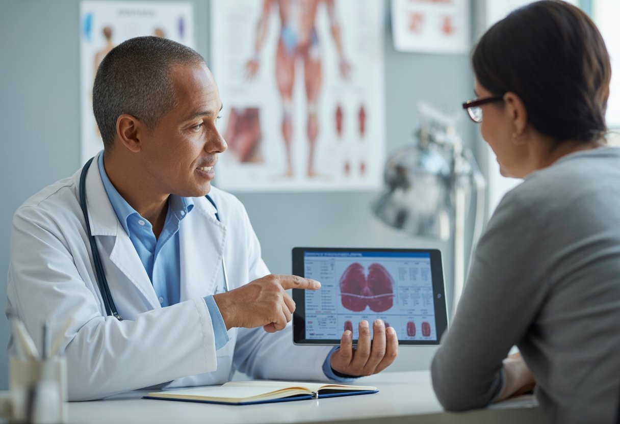 A doctor explains medical information to a patient in a bright medical office.