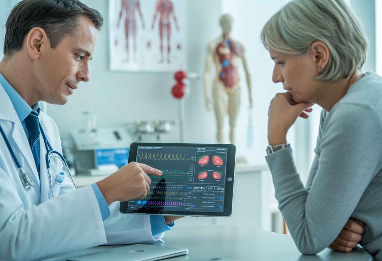 A doctor explains medical information about blood health to a patient in a modern medical office.