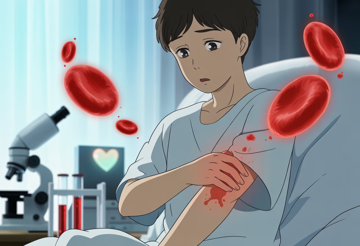 A young person in a hospital room looks concerned while holding their arm with a small bruise, surrounded by glowing blood cells and platelets floating in the air.