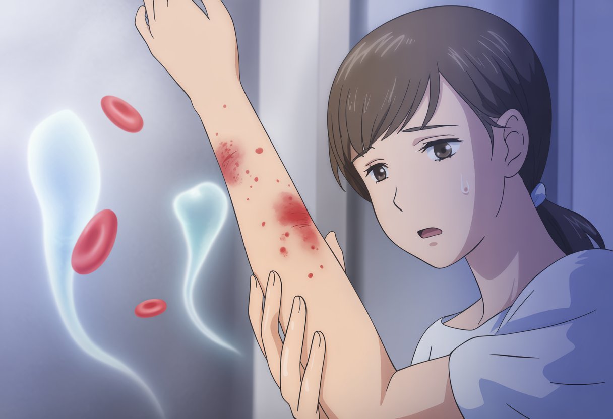 A young woman with bruises and red spots on her arm looks worried in a softly lit medical setting.