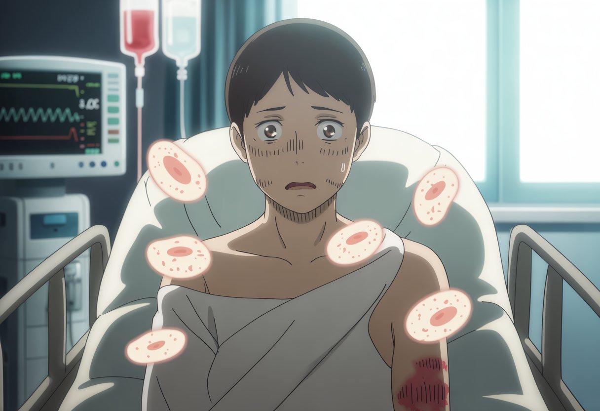 A worried young person with bruises sitting in a hospital room surrounded by floating blood platelets and medical equipment.