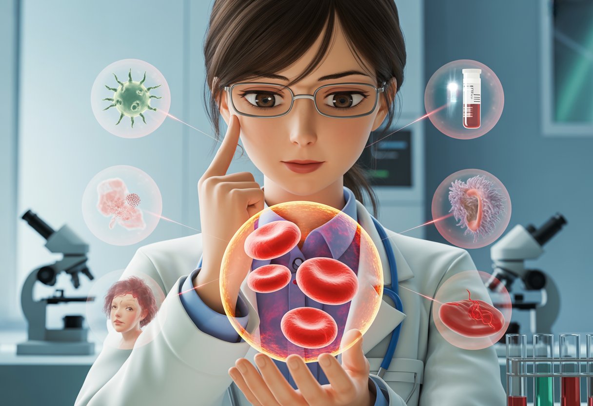 A female doctor examines a glowing 3D hologram of blood cells while medical symbols representing causes of low platelets appear around her in a clinic.