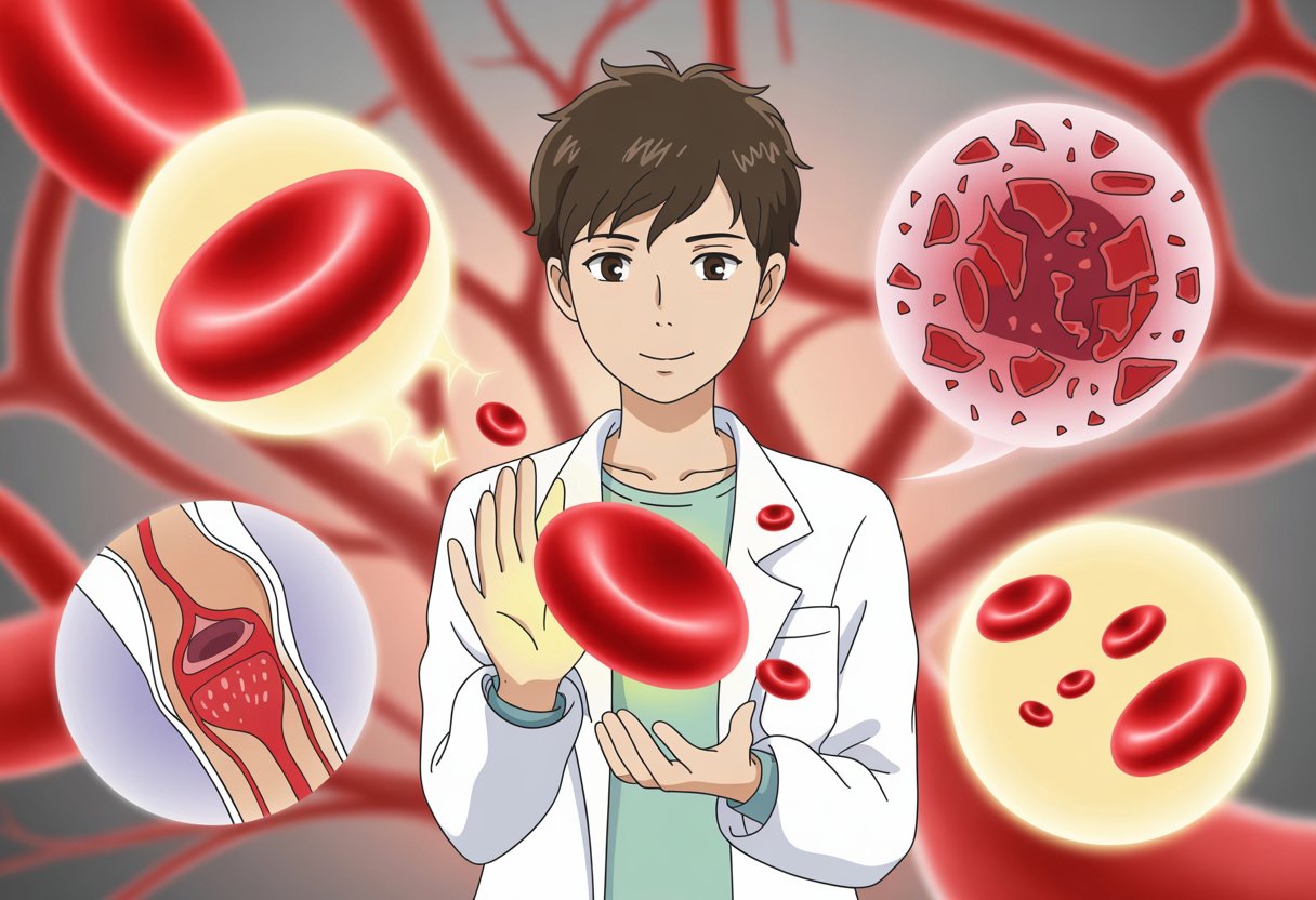 A young medical professional holding a glowing red blood cell surrounded by floating platelets and symbolic visuals representing low platelet count and blood disorders.