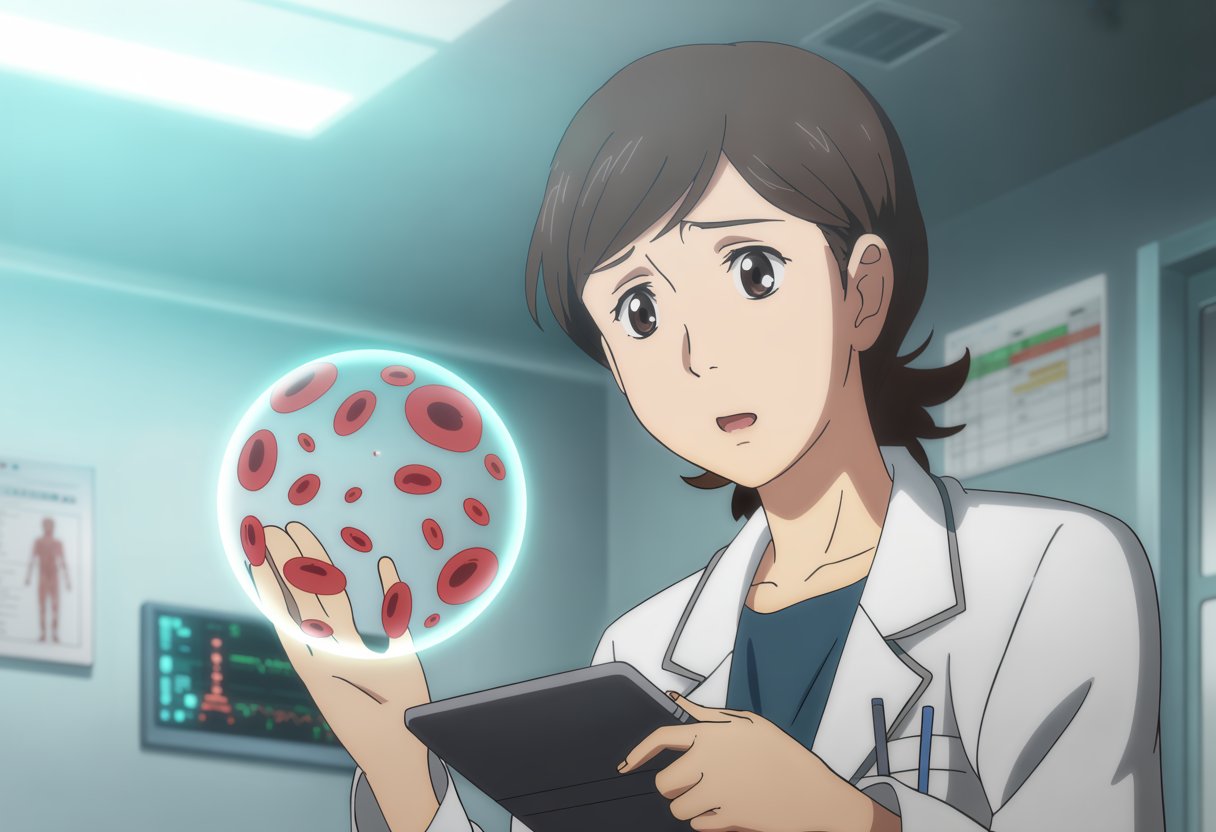 A young female doctor examines a holographic display of blood cells showing low platelets in a modern clinic.