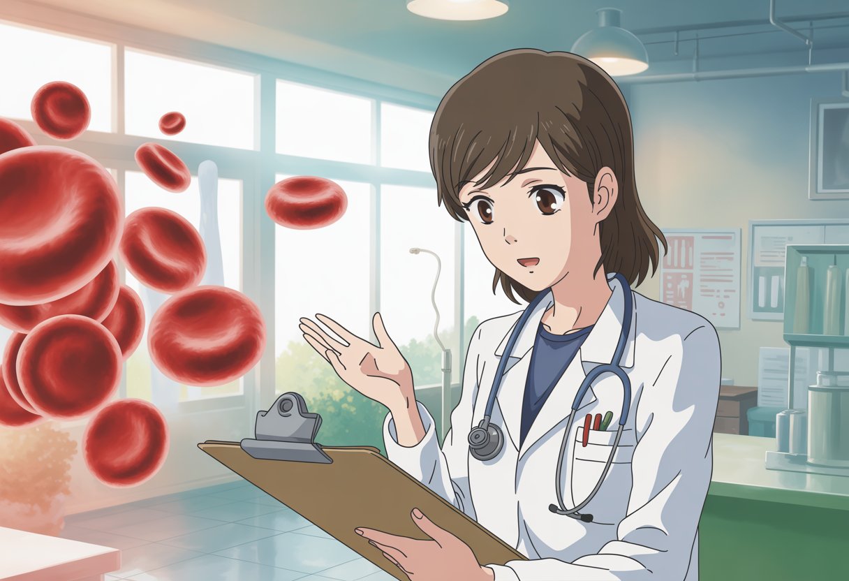 A female doctor calmly explaining medical information in a bright clinic with stylized blood cells in the background.
