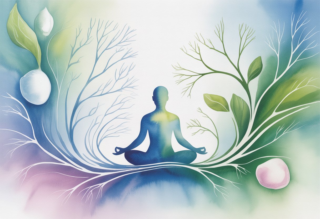 A peaceful scene showing a person meditating surrounded by flowing nerve-like branches and natural elements like leaves and water droplets.