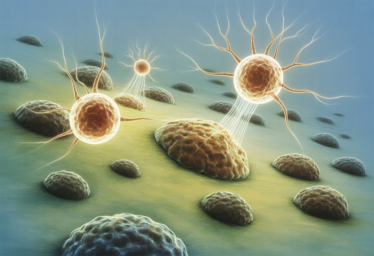 A scene showing cancer cells surrounded by spherical nanoparticles interacting with them, symbolizing a targeted cancer therapy.