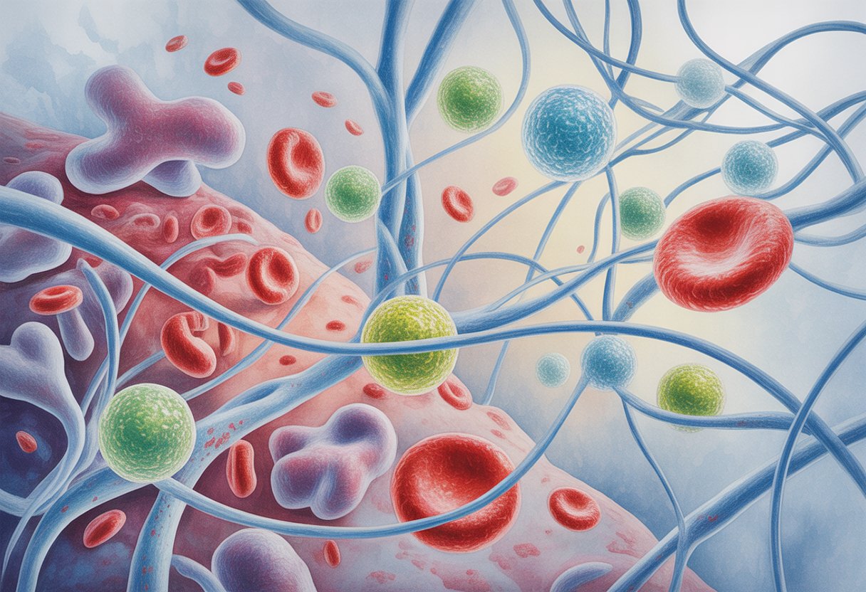 A close-up view of blood cells in bone marrow with glowing molecular strands interacting with abnormal cells.