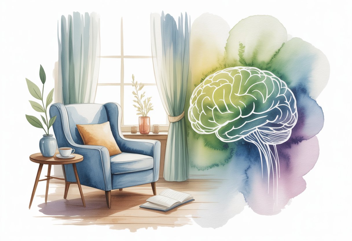 A cozy therapy room with an armchair, a side table with a cup and notebook, and abstract neural connections on the wall, bathed in soft natural light.