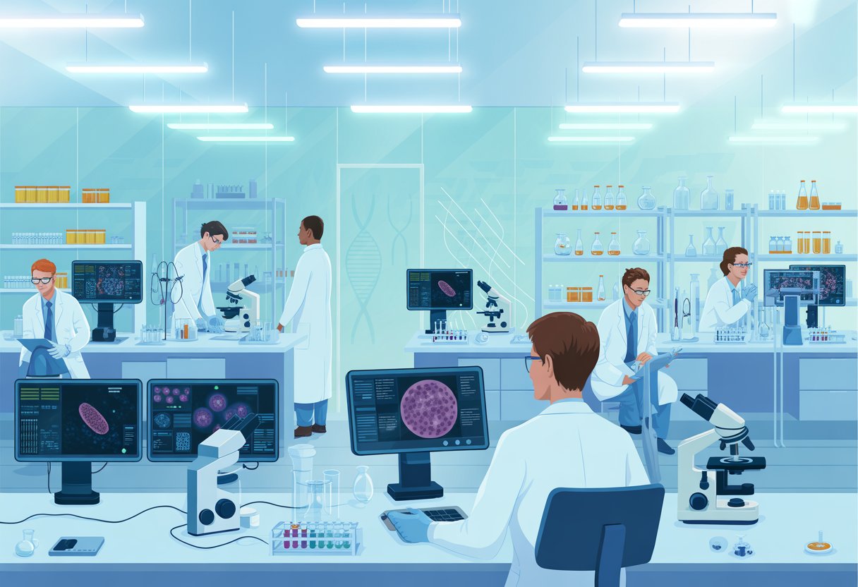 v2-13t9tp-hlm3o - Preventive Medicine Daily A medical laboratory with scientists working around microscopes and computer screens showing cellular images and DNA sequences.