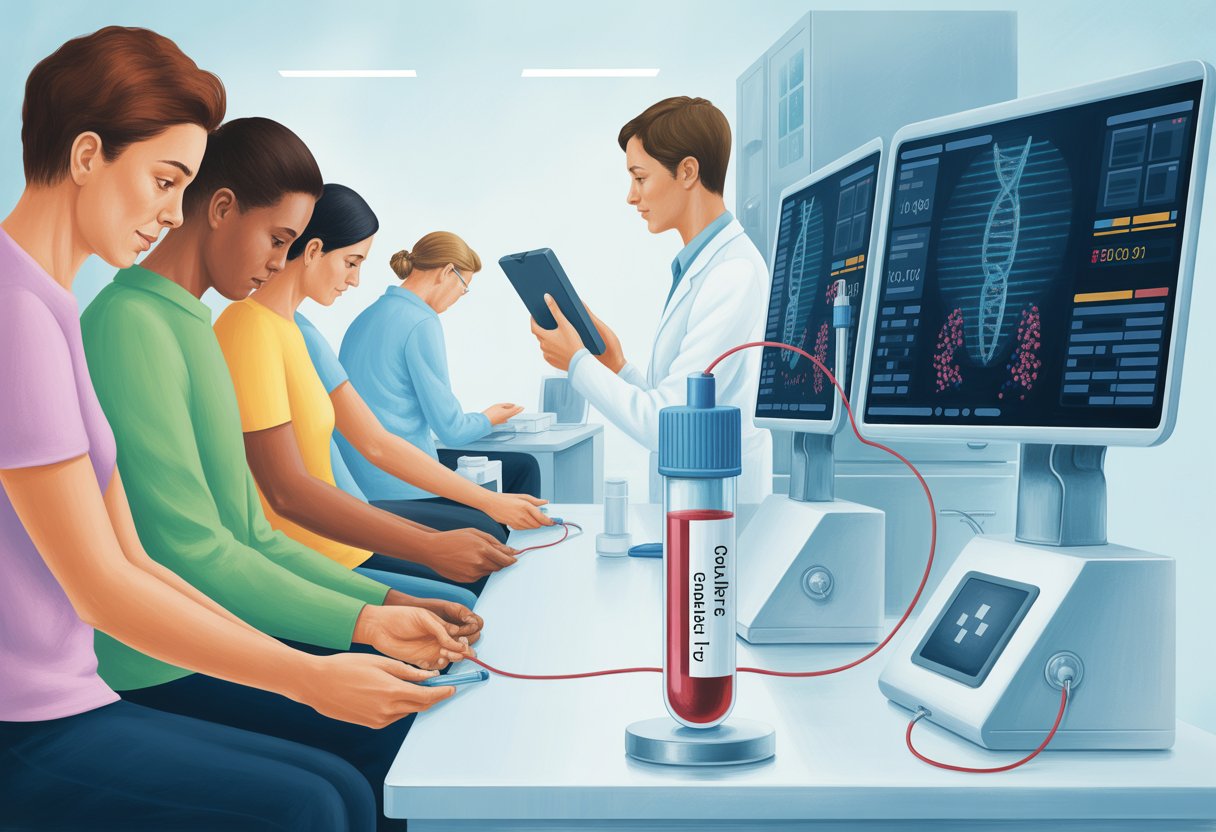 v2-13t9v8-125xj - Preventive Medicine Daily A medical illustration showing patients giving blood samples, laboratory equipment analyzing the samples, and a healthcare professional reviewing results for early cancer detection.