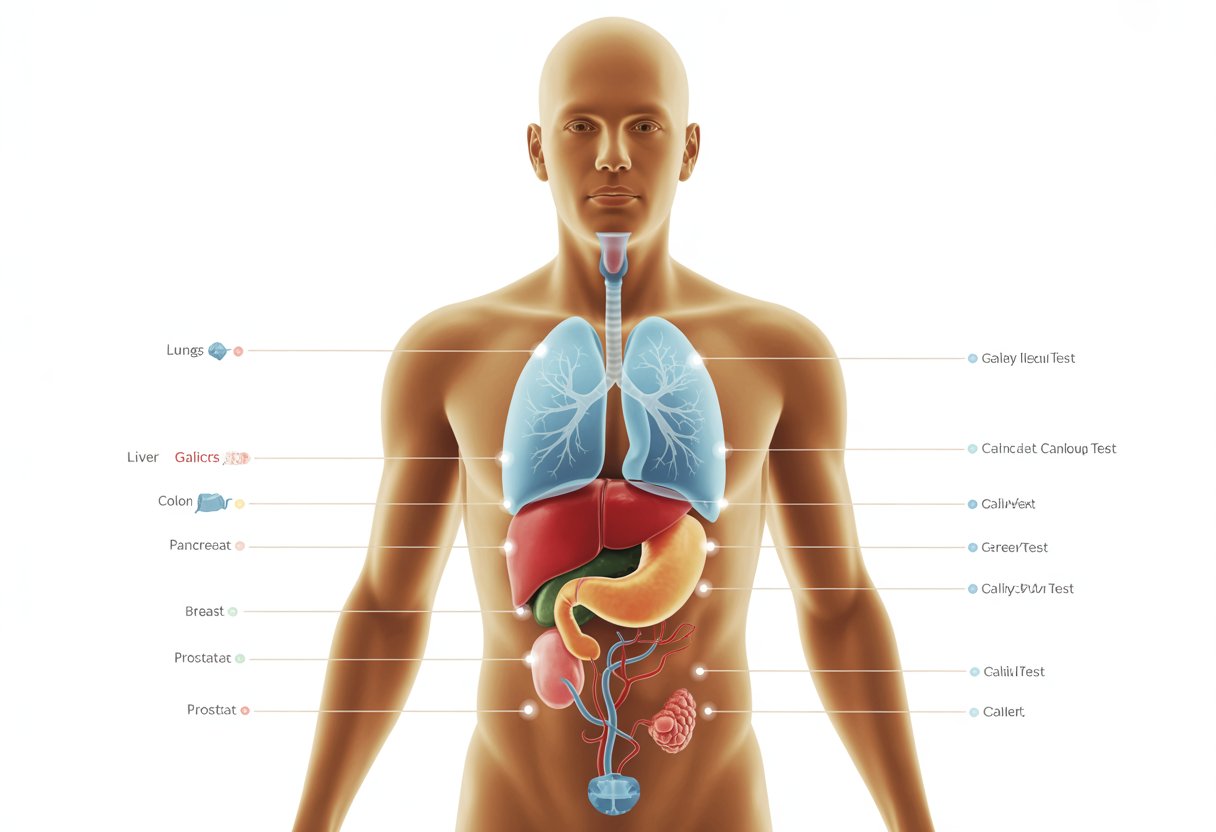 v2-13t9w3-cvzed - Preventive Medicine Daily A human figure with internal organs highlighted to show cancers detected by an early cancer detection test.