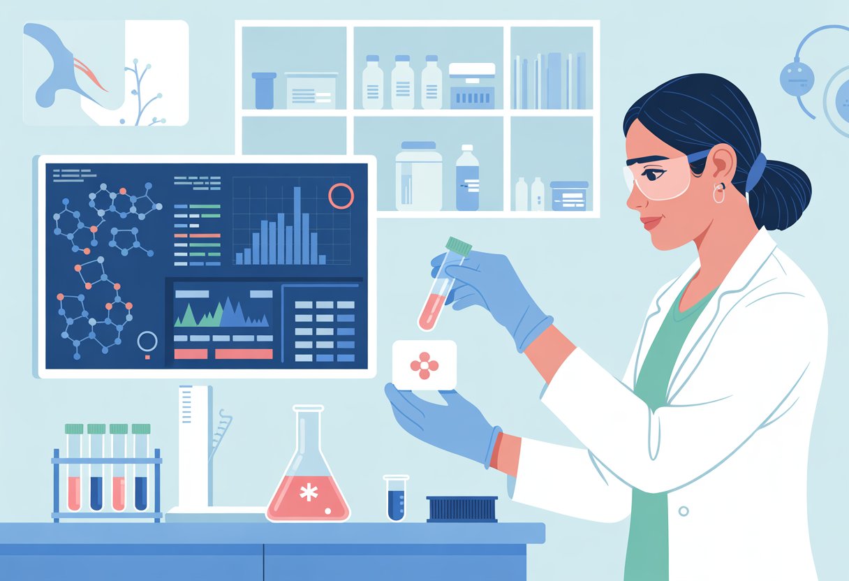 v2-13t9xu-ikv4j - Preventive Medicine Daily A healthcare professional in a lab coat handling a test sample in a modern laboratory with digital screens showing medical data and charts.