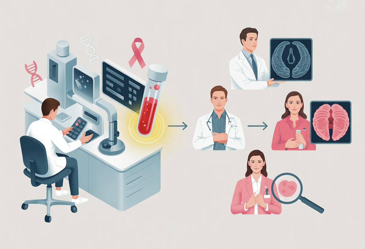 v2-13t9yt-dfb2e - Preventive Medicine Daily A side-by-side comparison showing a scientist analyzing a blood sample in a lab for early cancer detection and a doctor performing traditional cancer screening methods like mammogram and colonoscopy.