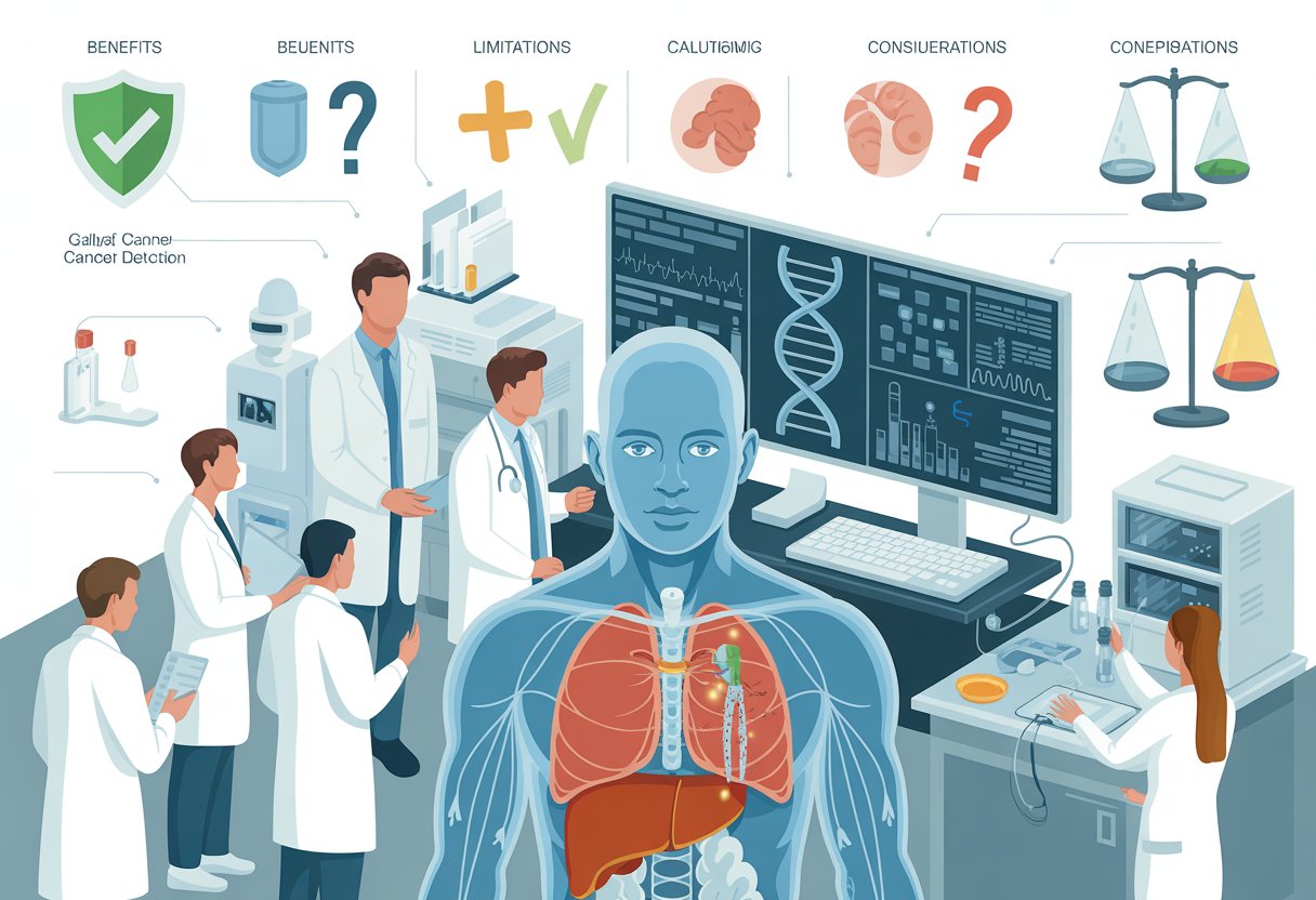 v2-13t9zl-vbk5l - Preventive Medicine Daily Medical professionals examining advanced diagnostic equipment with a transparent human body highlighting organs and symbols representing benefits, limitations, and considerations of early cancer detection.