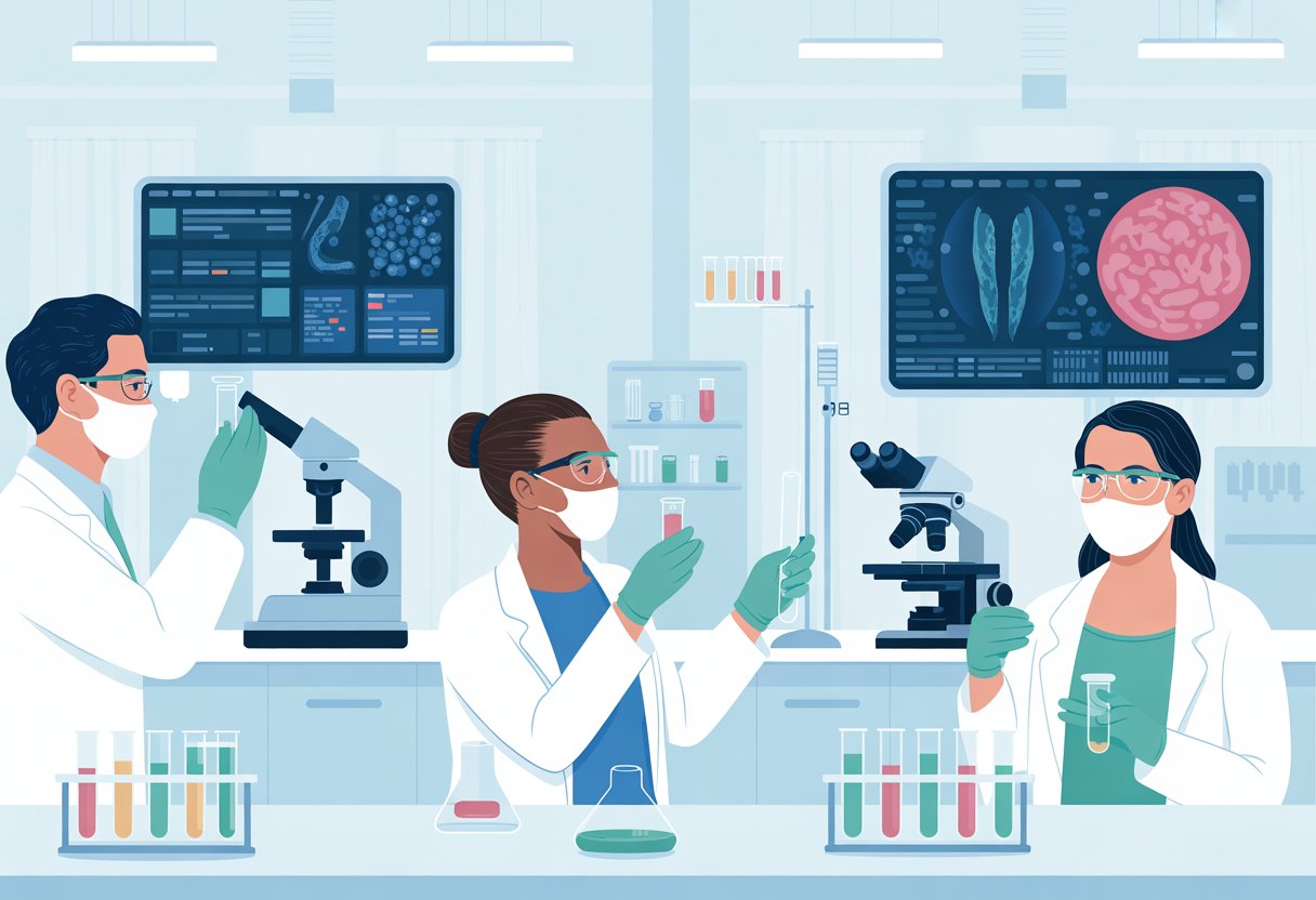 v2-13ta0i-kjti2 - Preventive Medicine Daily A laboratory scene showing medical professionals working with test samples and diagnostic equipment for early cancer detection.