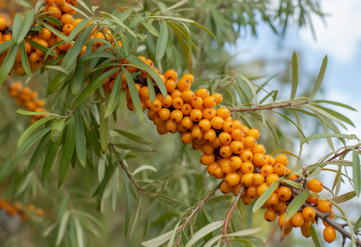 v2-13u0ck-qjvo8 - Preventive Medicine Daily Clusters of bright orange sea buckthorn berries on green leafy branches.