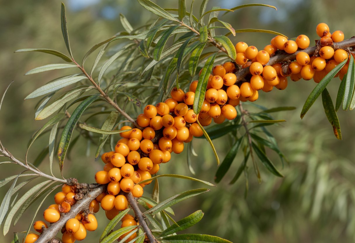 v2-13u0db-tt4vo - Preventive Medicine Daily Close-up of bright orange sea buckthorn berries on green leafy branches outdoors.