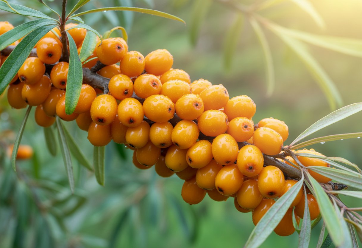 v2-13u0e8-tkkh7 - Preventive Medicine Daily Close-up of bright orange sea buckthorn berries on green branches with leaves and morning dew.