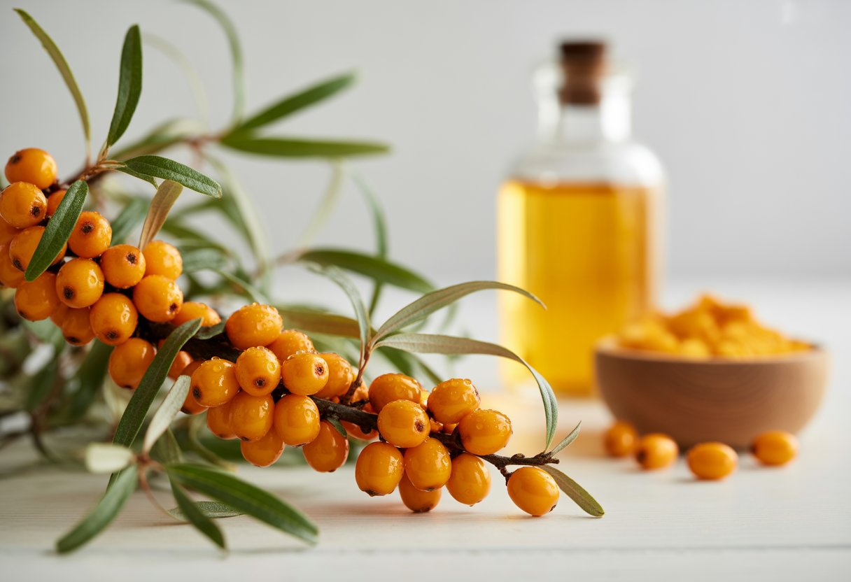 sea buckthorn - Preventive Medicine Daily Close-up of bright orange sea buckthorn berries on green branches with a glass bottle of oil and a bowl of capsules in the background.