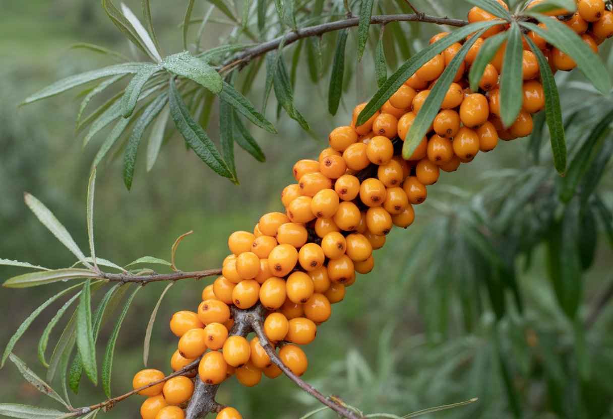 v2-13u0g6-il4bh - Preventive Medicine Daily Close-up of bright orange sea buckthorn berries on green branches with a blurred natural background.