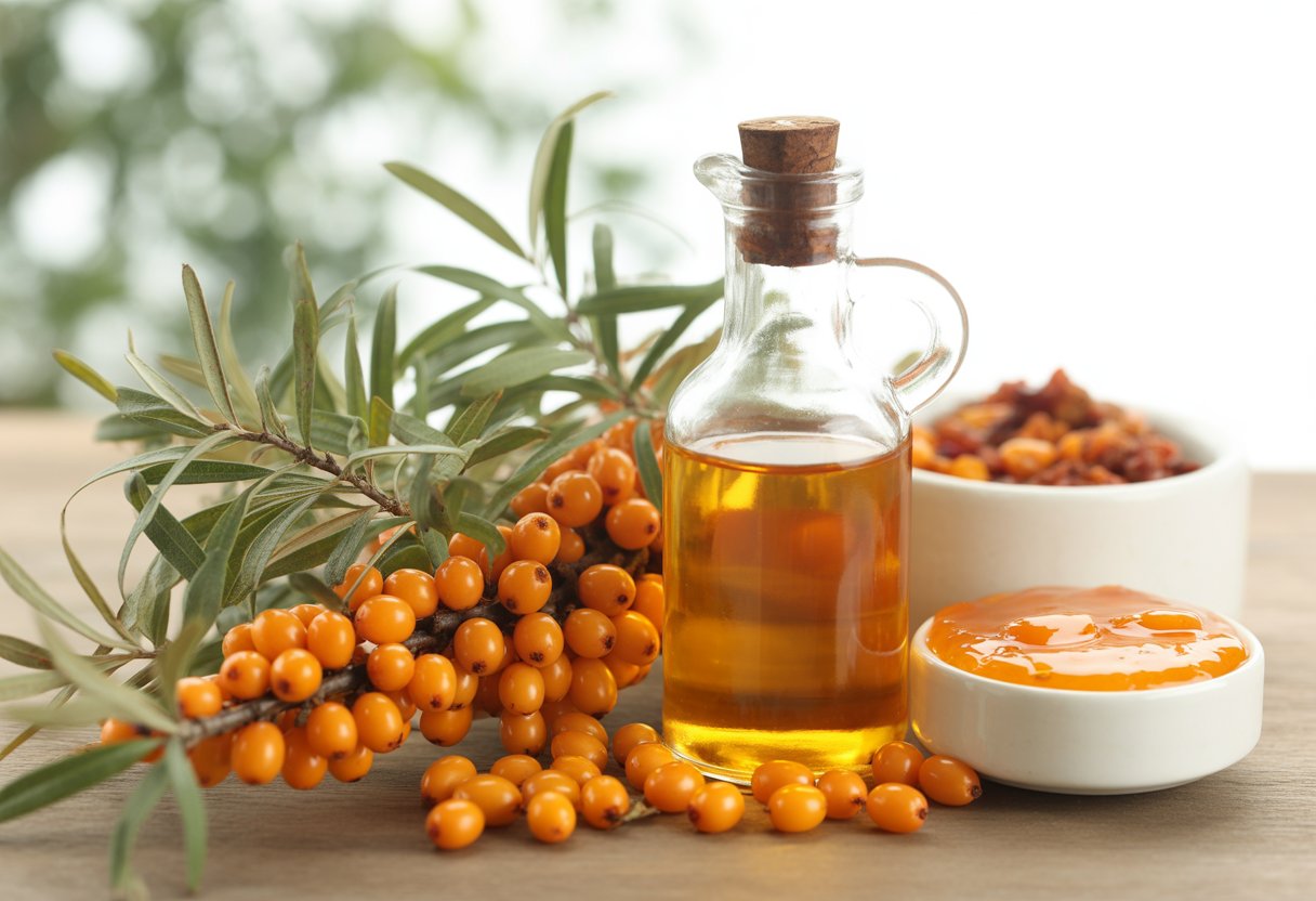 v2-13u0h3-l8eji - Preventive Medicine Daily Fresh sea buckthorn berries on branches, a bottle of sea buckthorn oil, and bowls of sea buckthorn jam and dried berries arranged on a wooden surface.