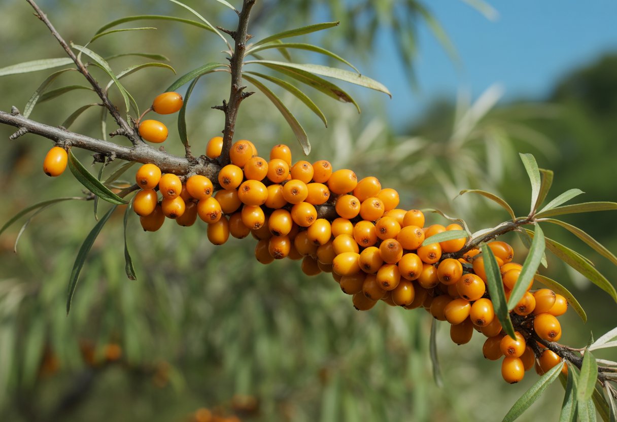 v2-13u0j6-sp9dk - Preventive Medicine Daily Close-up of bright orange sea buckthorn berries on green branches with a natural blurred background.