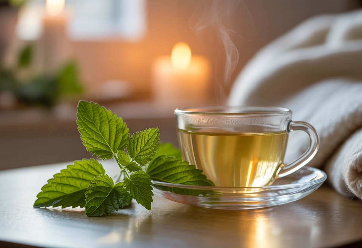 v2-13u72h-cvm1o - Preventive Medicine Daily Fresh lemon balm leaves next to a cup of herbal tea on a wooden table with a candle and blanket in the background.