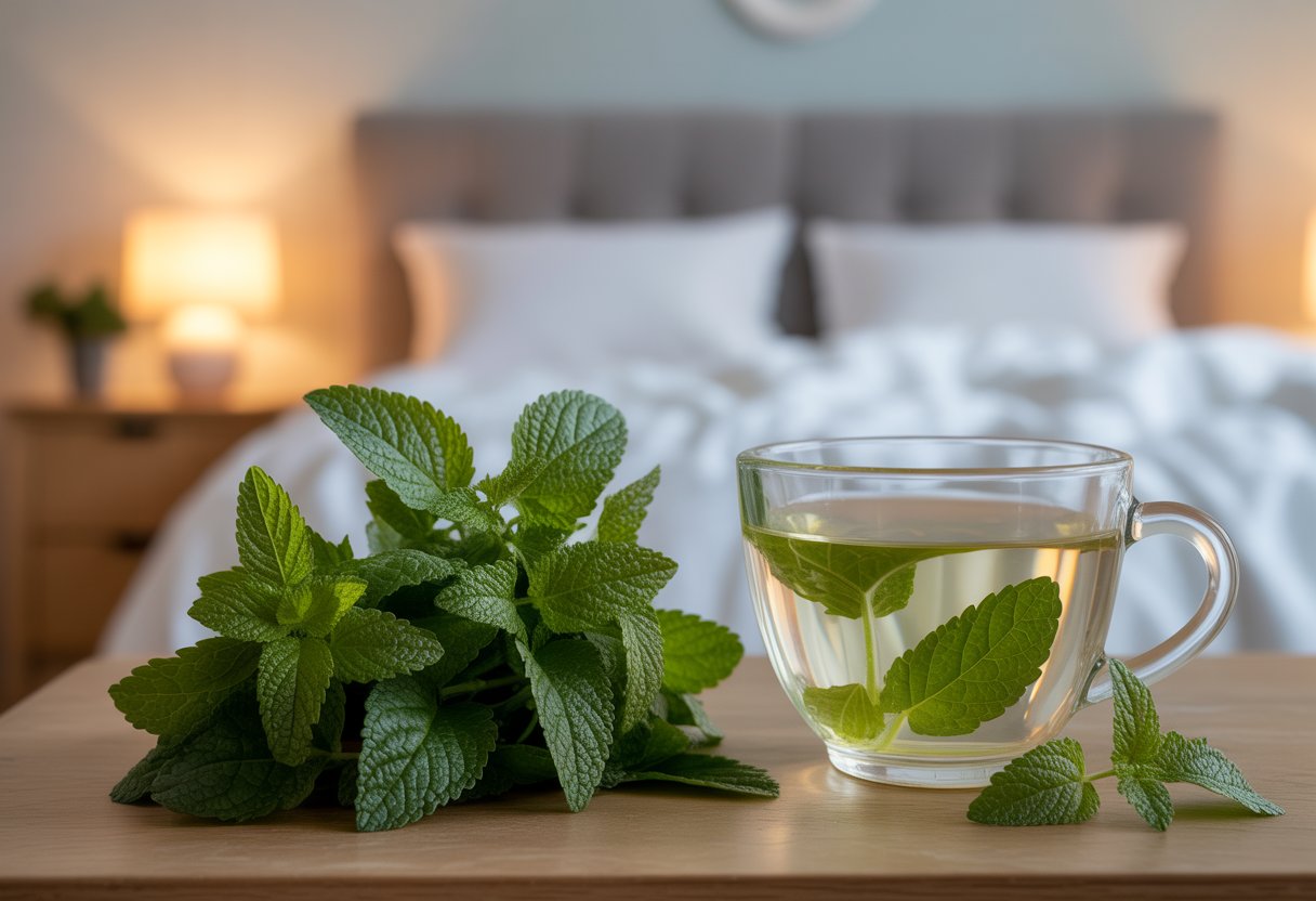 v2-13u75r-wgjes - Preventive Medicine Daily Fresh lemon balm leaves next to a cup of herbal tea with a blurred cozy bedroom in the background.