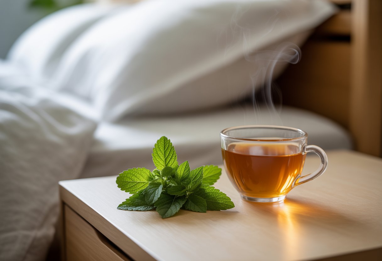 v2-13u77o-havc8 - Preventive Medicine Daily A cozy bedroom scene with a cup of lemon balm tea and fresh lemon balm leaves on a bedside table next to a neatly made bed.