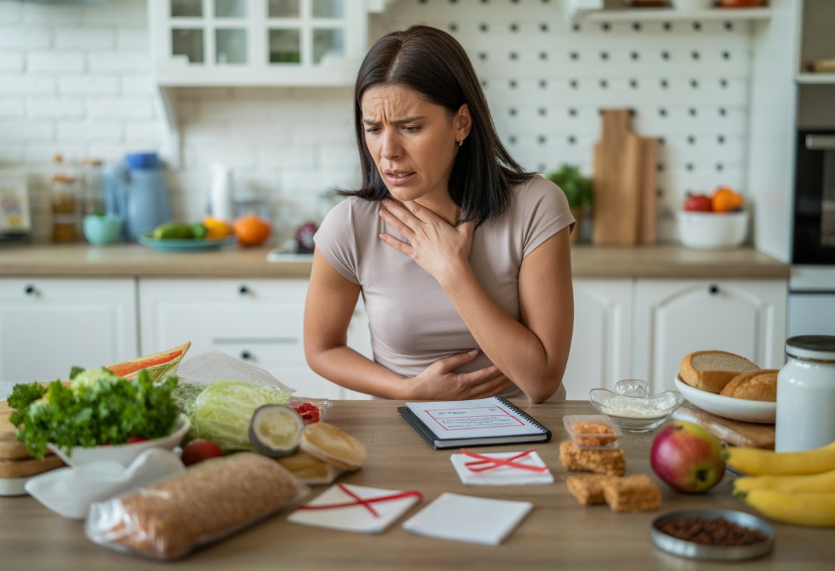 v2-13y9y5-uv94j - Preventive Medicine Daily A worried woman sitting at a kitchen table with various foods and a meal plan, holding her stomach.