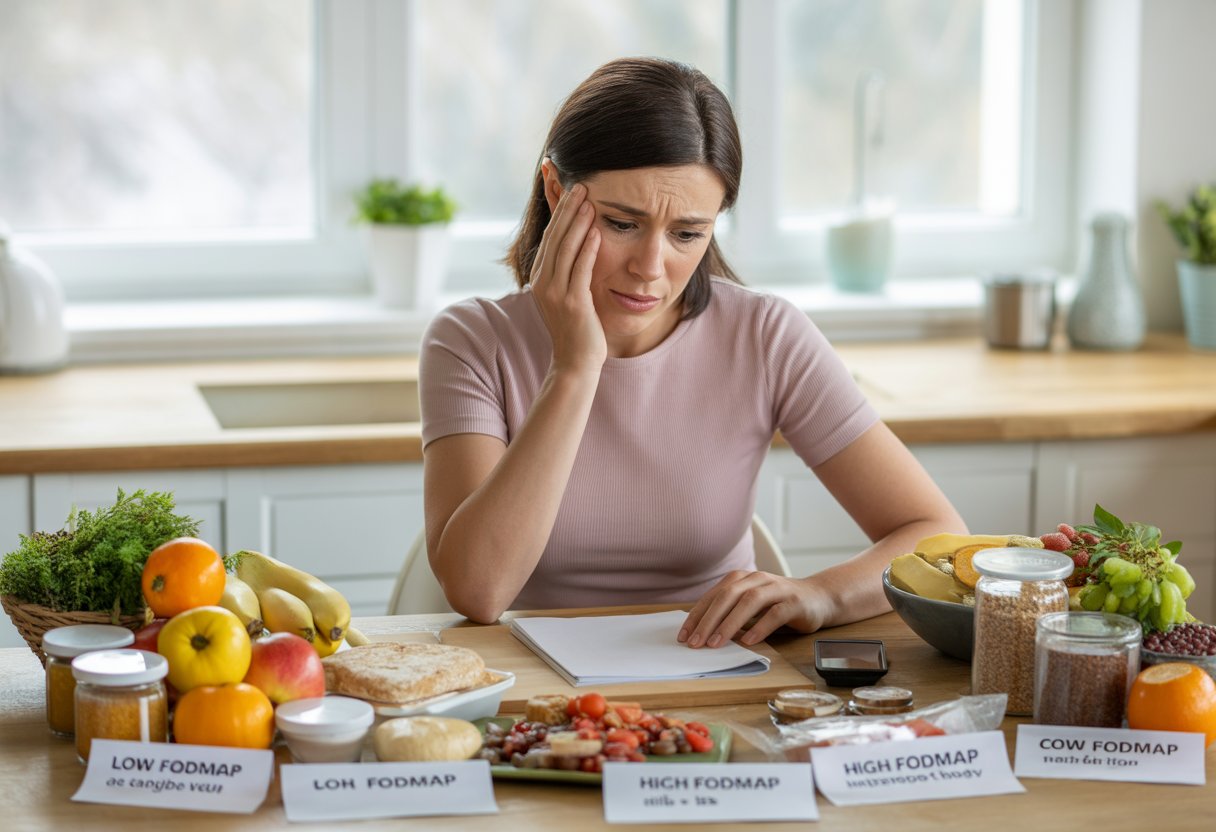 v2-13y9yq-jil4k - Preventive Medicine Daily A woman sitting at a kitchen table with various foods, looking thoughtful and concerned while reviewing diet notes.
