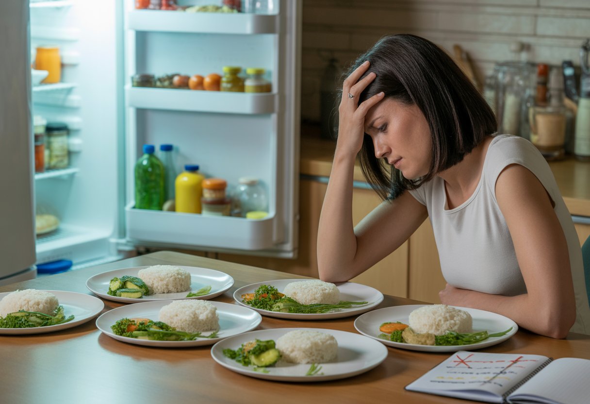 v2-13ya11-vwg1j - Preventive Medicine Daily A woman sitting at a dining table with repetitive low FODMAP meals, looking frustrated and overwhelmed.